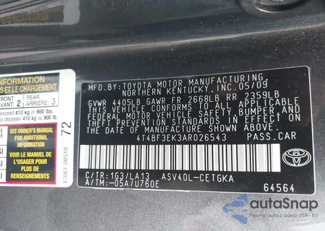 2010 Toyota Camry Xle from USA, damaged, VIN 4T4BF3EK3AR026543